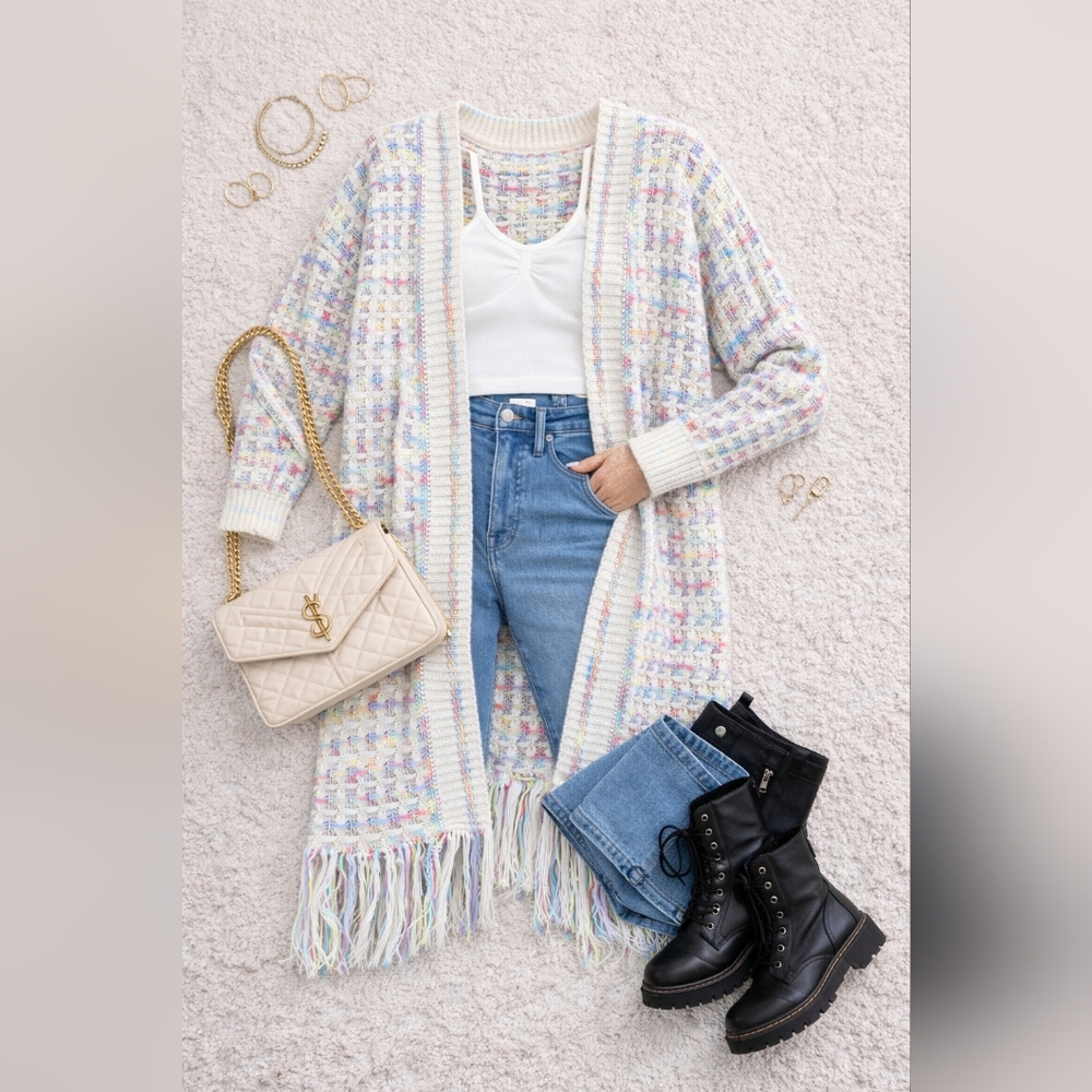 Long Open-Front Pastel Fringe Knit Cardigan Sweater - Picture 4 of 8